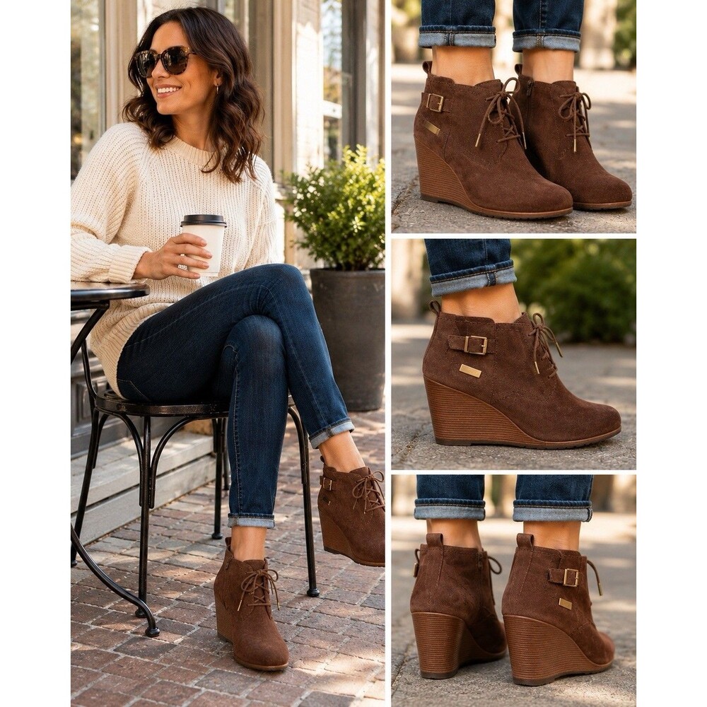 SO Wedge Heel Brown Suede Ankle Booties Lace Up Side Buckle Womens Size 8